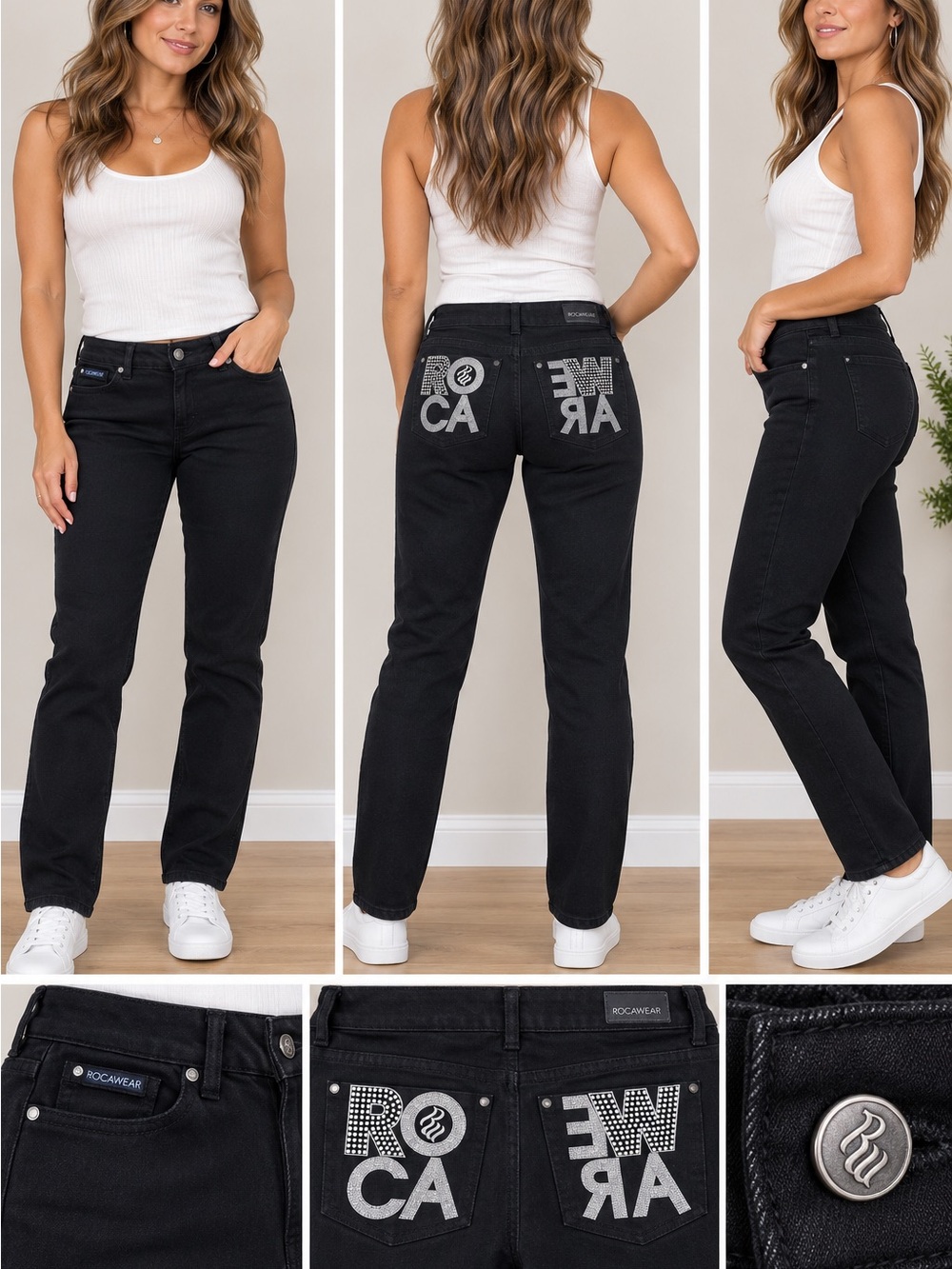 Rocawear Black Straight-Leg Jeans with Rhinestone Logo Pockets